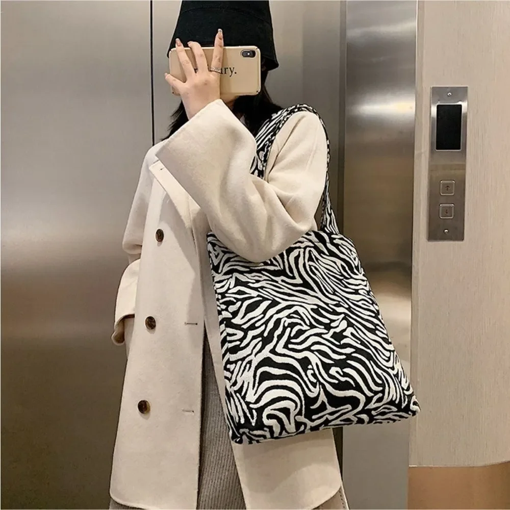 Large Zebra Tote Bag Black White Commuter Travel Minimalist Chic Fabric